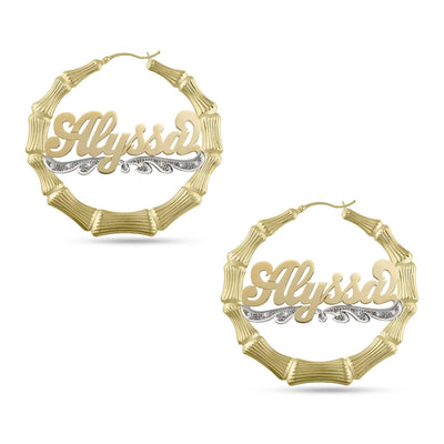 Ladies Diamond Script Name Plate Bamboo Hoop Earrings 14K Gold - Style 70