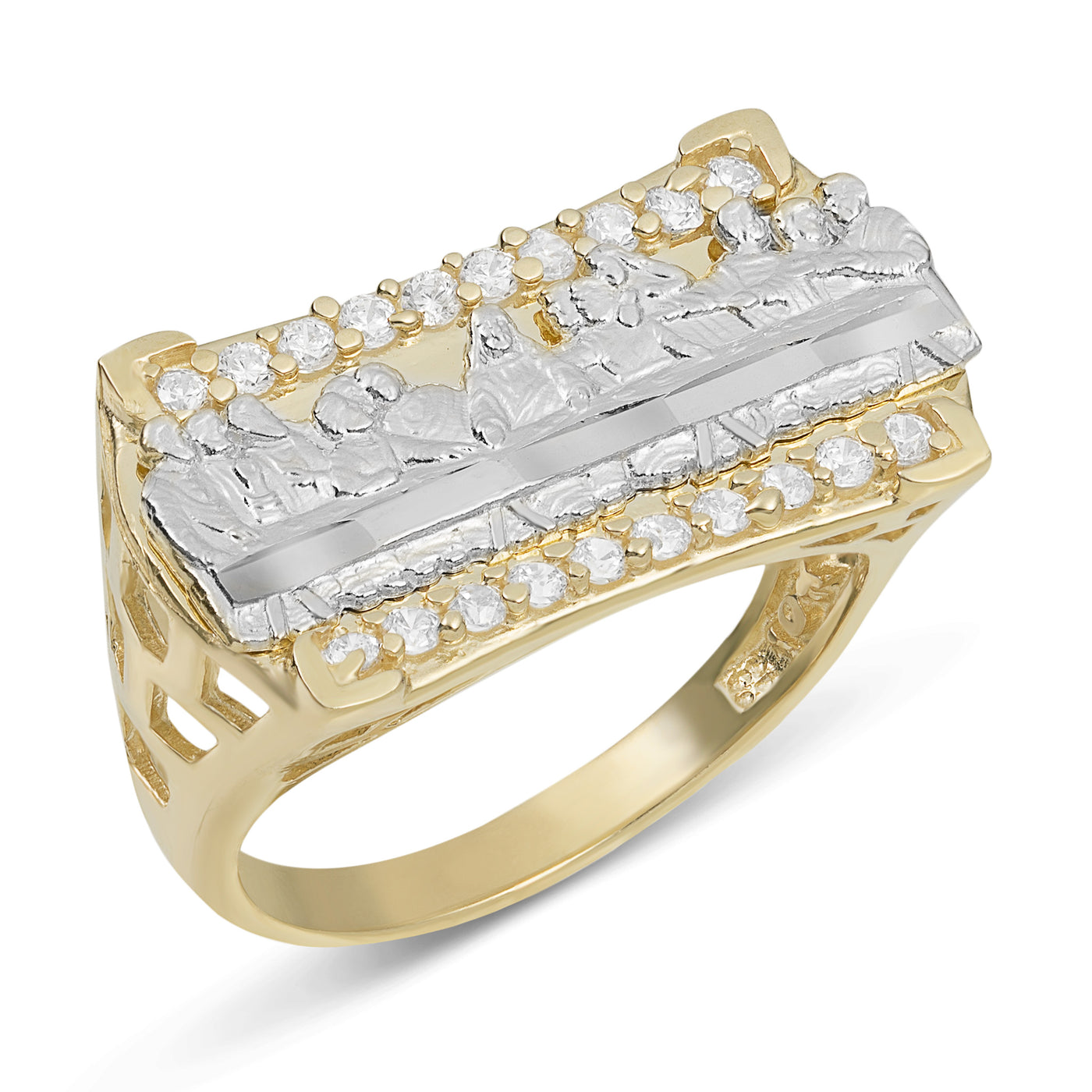 Rectangle Textured CZ Last Supper Open Sides Ring Solid 10K Yellow Gold