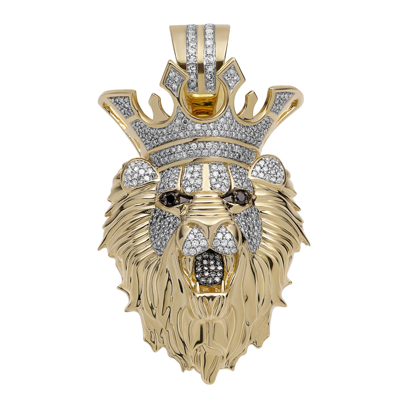 1 3/4" Diamond Lion Head with Crown Pendant 0.98ctw 10K Yellow Gold