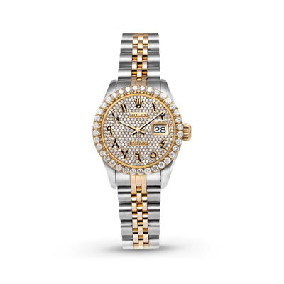Women Rolex Datejust Diamond Bezel Watch 26mm Black Arabic Numeral Dial | 2.10ct