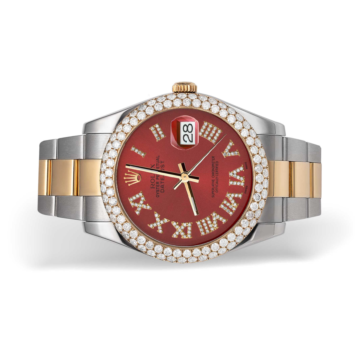 Rolex Datejust Diamond Bezel Oyster Watch 41mm Red Roman Dial | 5.25ct