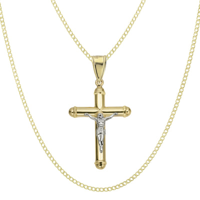 2 1/4" Jesus Crucifix Cross Tube Pendant & Chain Necklace Set 14K Yellow White Gold