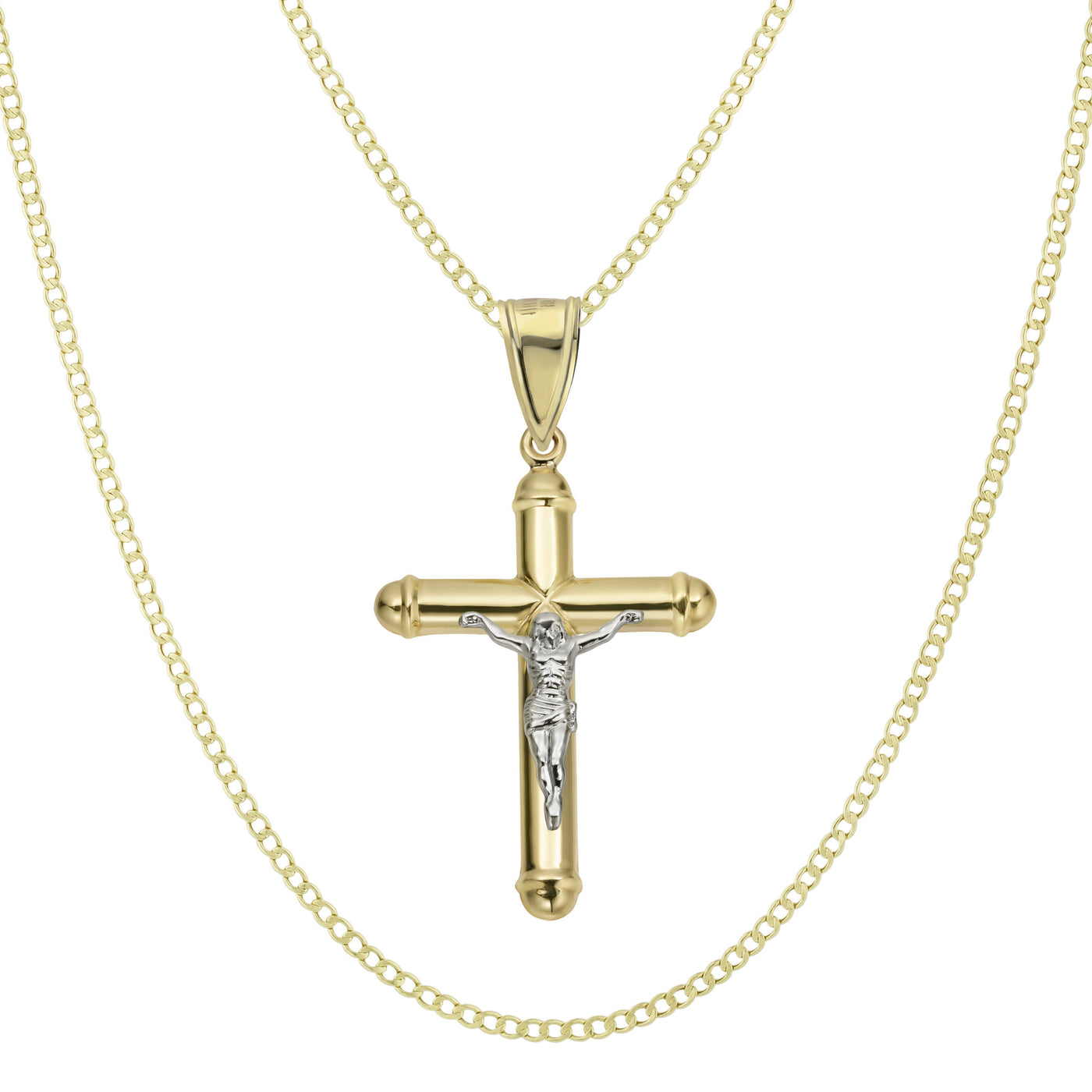2 1/4" Jesus Crucifix Cross Tube Pendant & Chain Necklace Set 10K Yellow White Gold