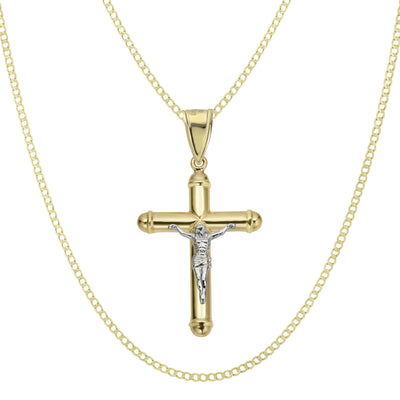 2 1/4" Jesus Crucifix Cross Tube Pendant & Chain Necklace Set 10K Yellow White Gold