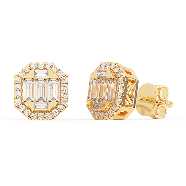 Women's Emerald Baguette & Round-Cut Diamond Stud Earrings 14K Gold