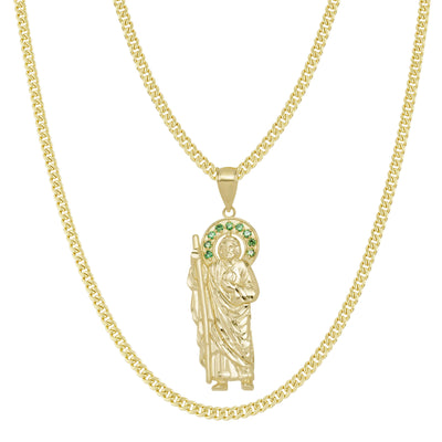 2 1/4" Saint Jude with Emerald CZ Halo Pendant & Chain Necklace Set 10K Yellow Gold