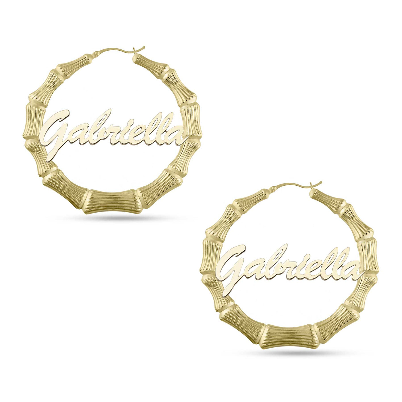 Ladies Script Name Plate Bamboo Hoop Earrings 14K Gold - Style 1