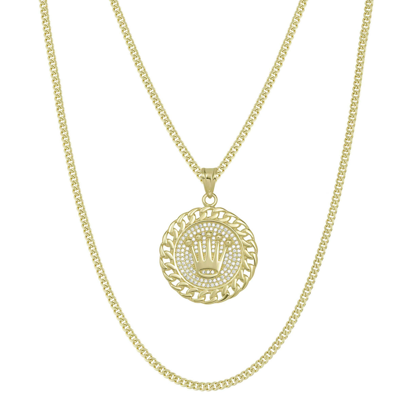 1 1/2" Curb Bordered CZ Crown Medallion Pendant & Chain Necklace Set 10K Yellow Gold