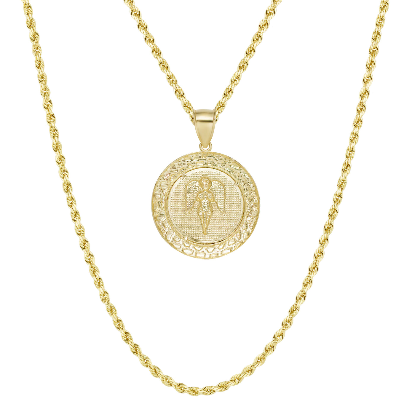 1 3/4" Baby Angel Nugget Medallion Pendant & Chain Necklace Set 10K Yellow Gold