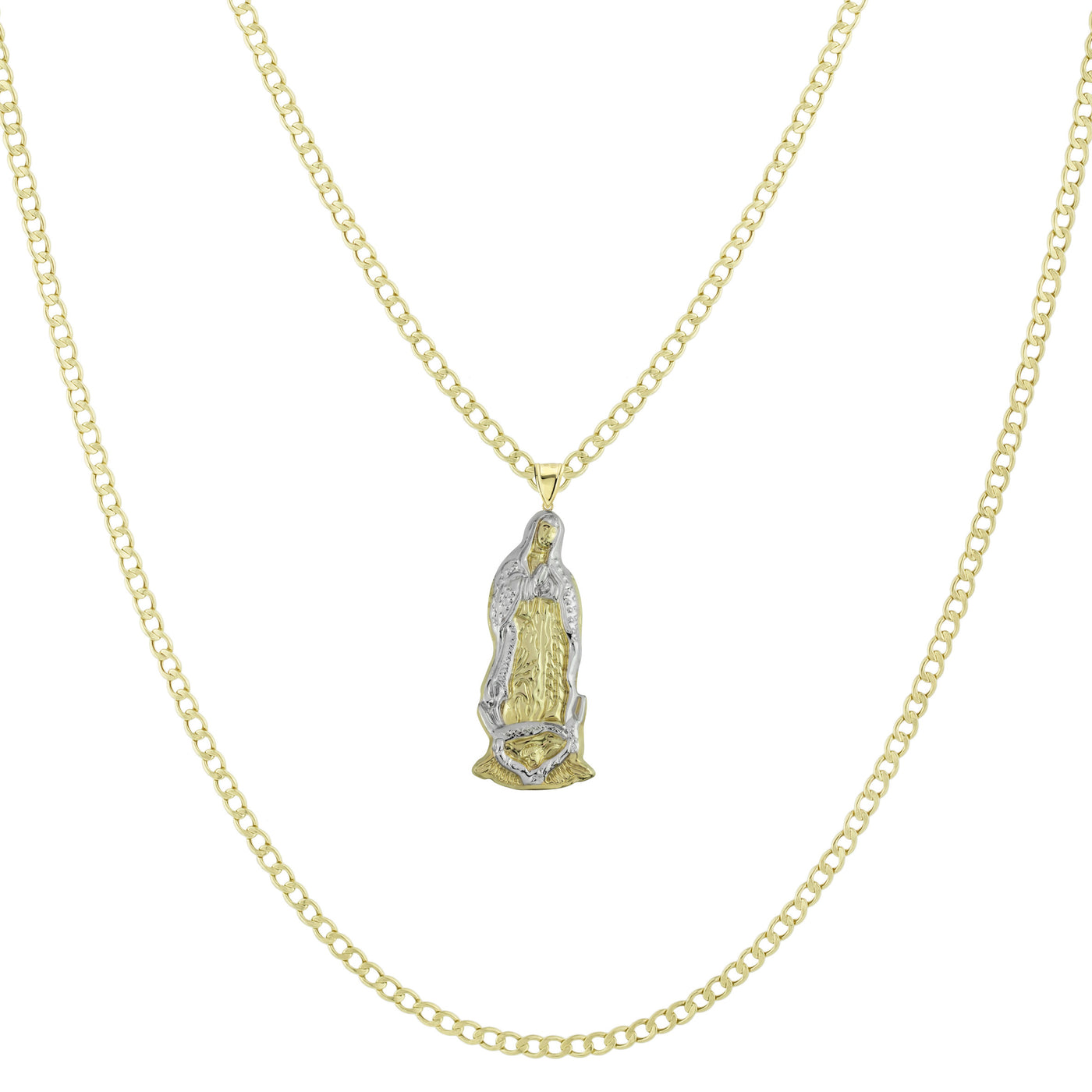 1 3/8" Lady Guadalupe Virgin Mary Pendant & Chain Necklace Set 14K Yellow White Gold