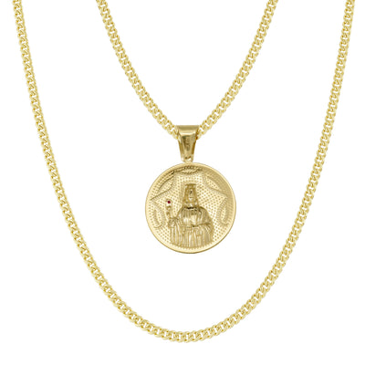 1.5" Saint Barbara Round Medallion Ruby Pendant & Chain Necklace Set 10K Yellow Gold