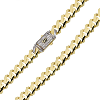 Monaco Chain Edge Miami Cuban Link Chain CZ Lock Necklace 10K Yellow Gold - Hollow