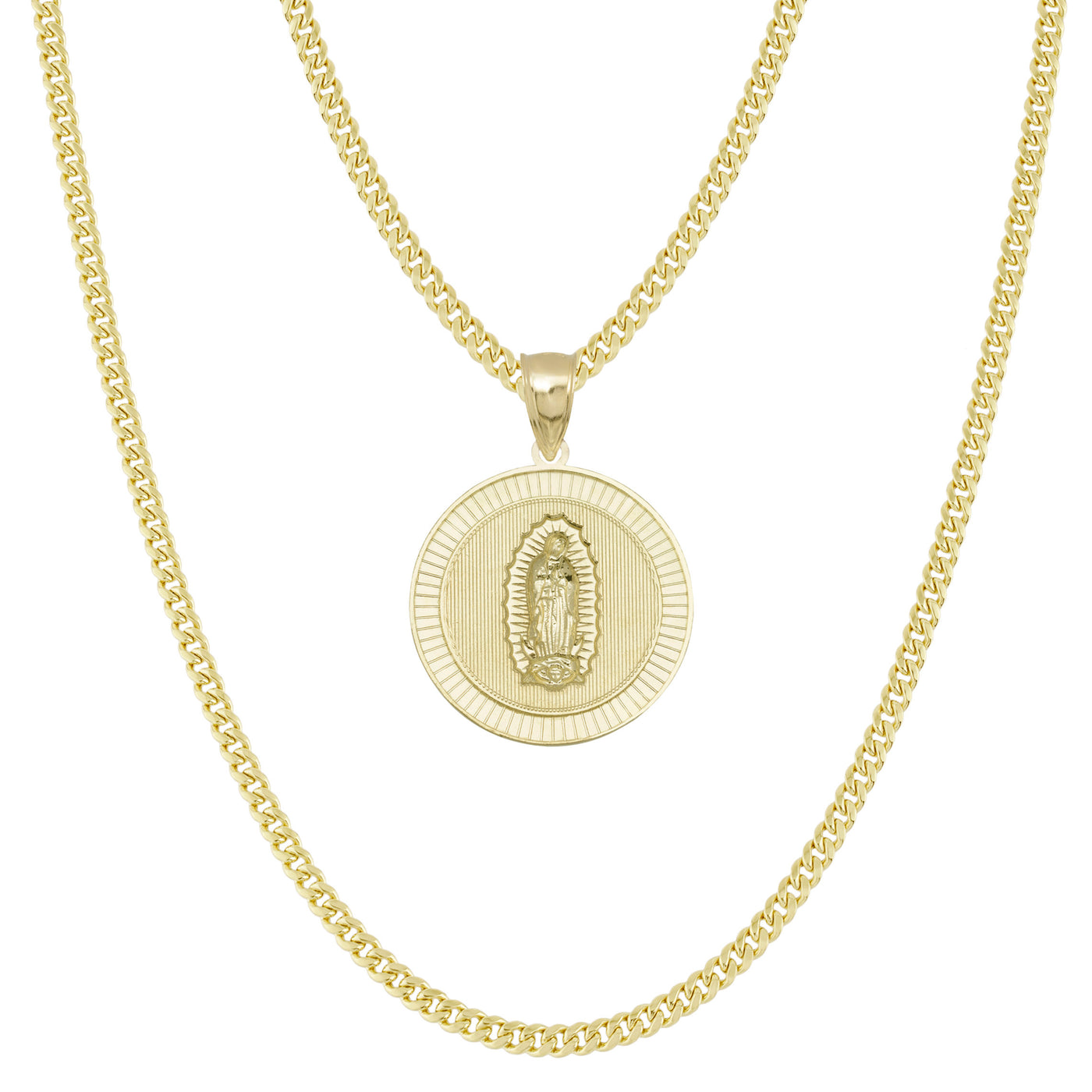 Lady Guadalupe Virgin Mary Medallion Pendant & Chain Necklace Set 10K Yellow Gold