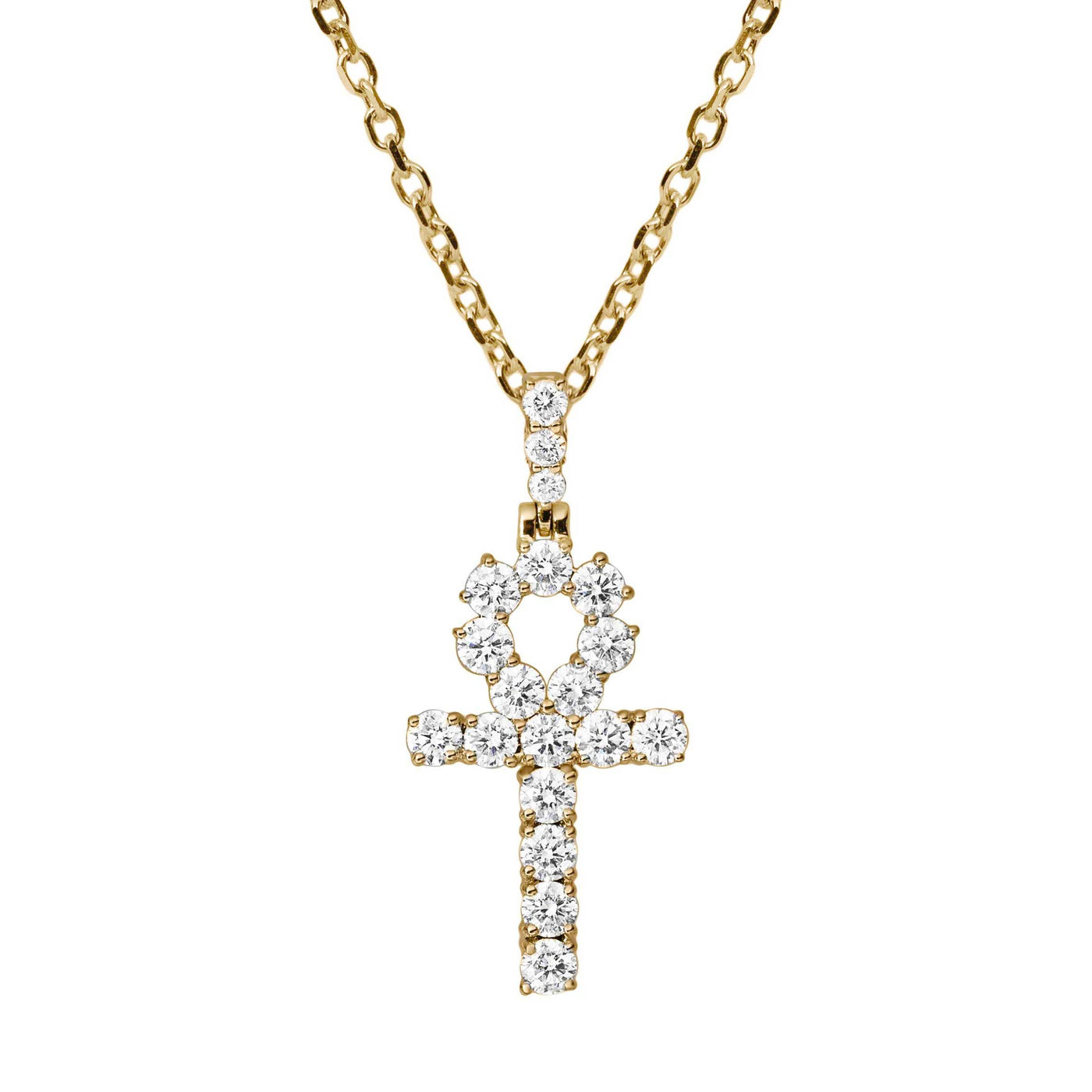 1" Ankh Cross Round-Cut 0.89ct Diamond Pendant Necklace 14K Gold