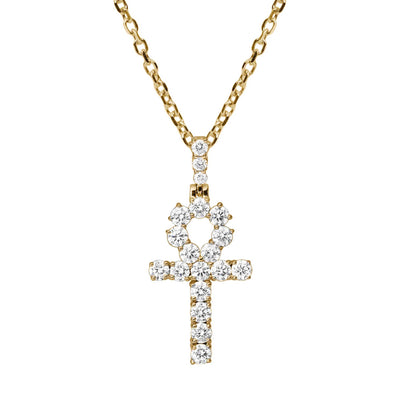 1" Ankh Cross Round-Cut 0.89ct Diamond Pendant Necklace 14K Gold