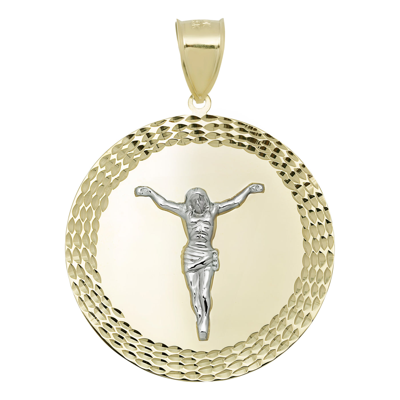Two-Tone Jesus Christ Crucifix Medallion Pendant 10K Yellow Gold