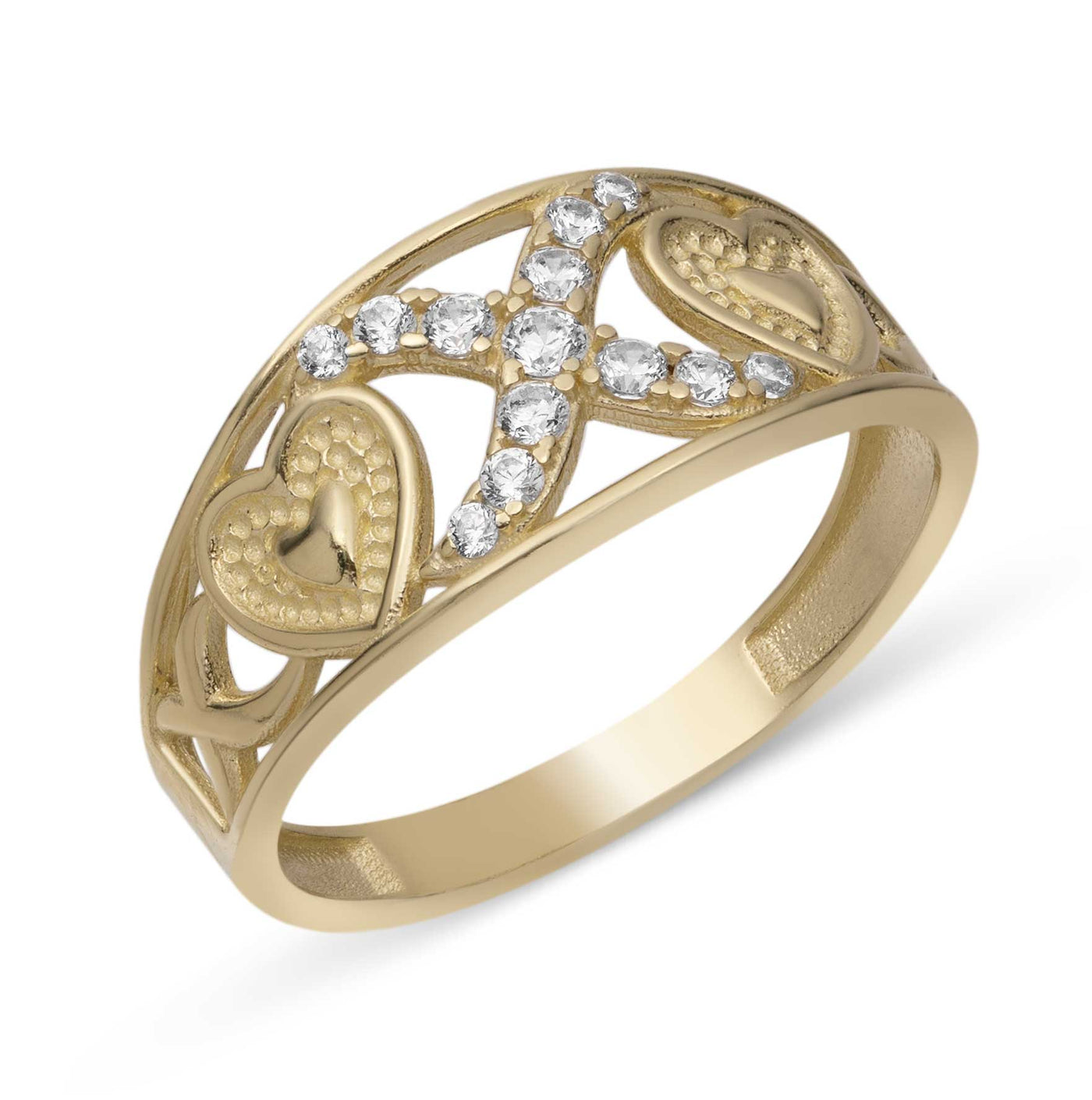 CZ Hearts and Kisses Ring 10K Yellow Gold