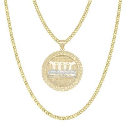 Nugget Bordered Last Supper Medallion Pendant & Chain Necklace Set 10K Yellow Gold
