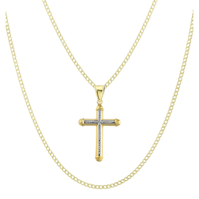 1 3/4" Diamond Cut Cross Tube Pendant & Chain Necklace Set 10K Yellow White Gold