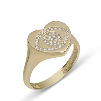 Women's CZ Evil Eye Heart Signet Ring Solid 10K Yellow Gold