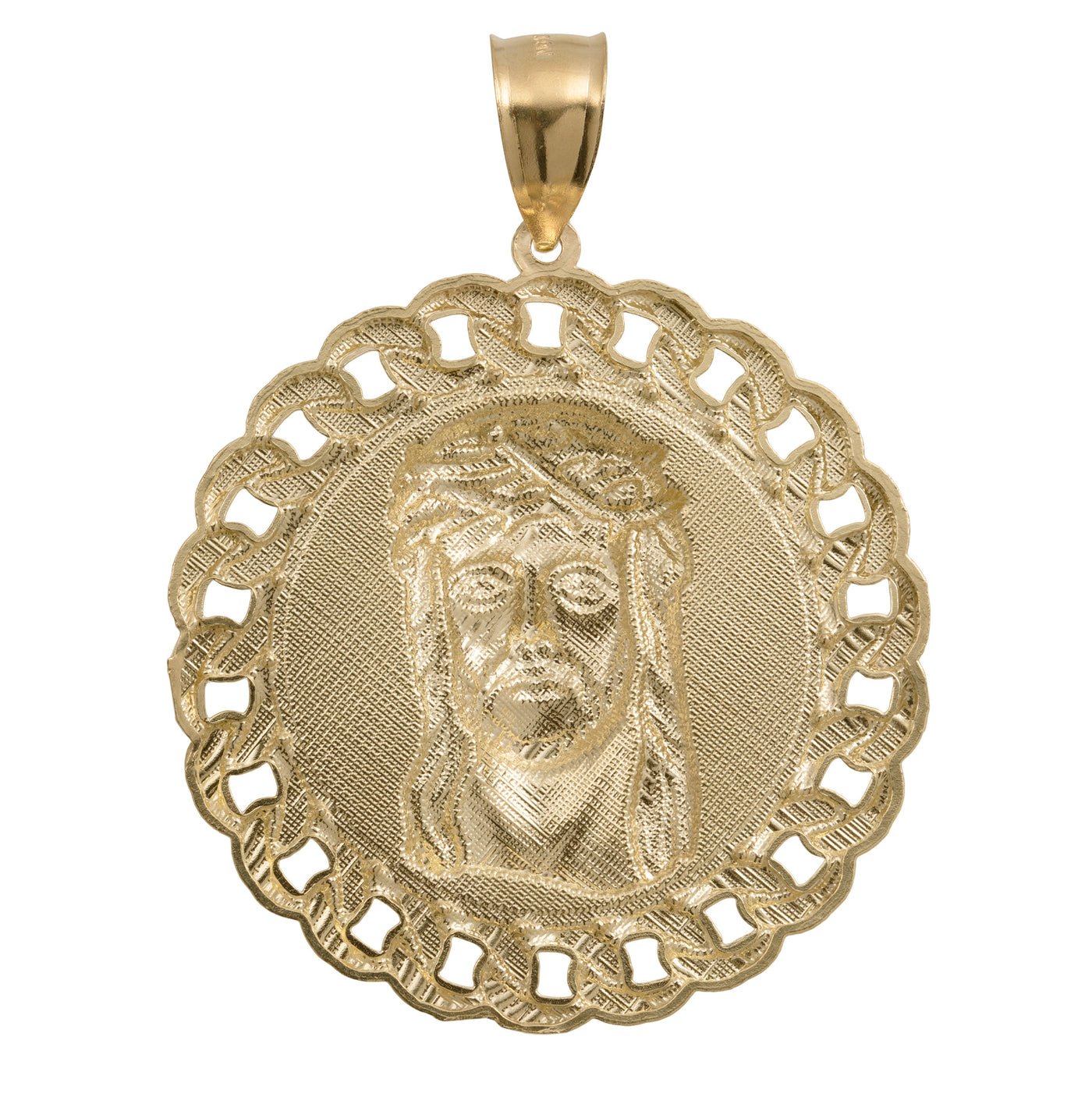 1 1/4" Curb Link Framed Jesus Medallion Pendant 10K Yellow Gold