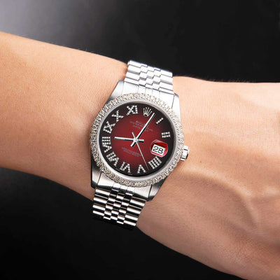 Rolex Datejust Diamond Bezel Watch 36mm Burgundy Red Roman Dial | 1.25ct