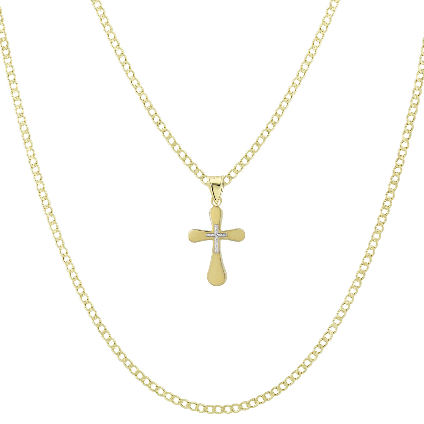 1 1/4" Cross Pendant & Chain Necklace Set 10K Yellow White Gold