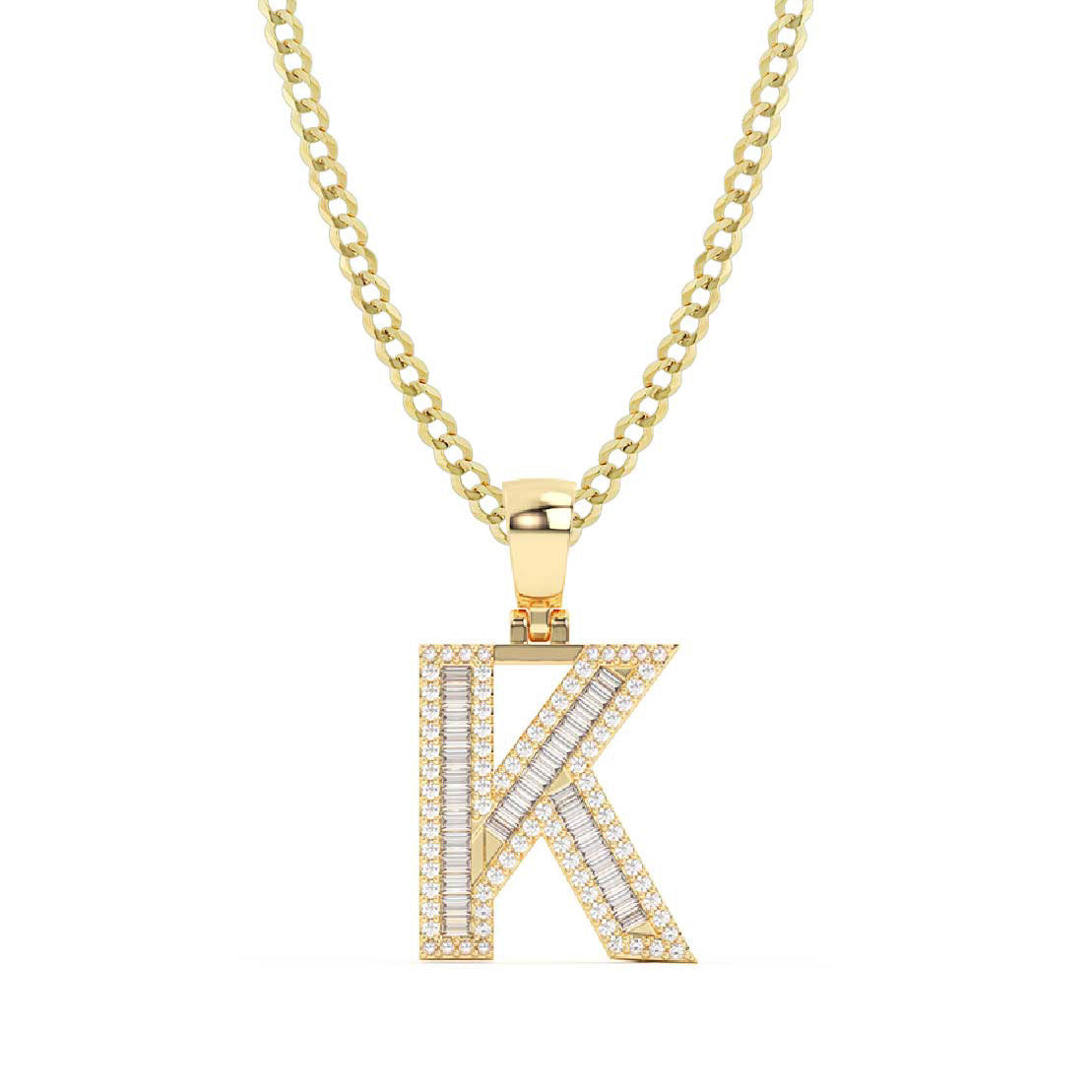 Women's Baguette & Round Cut Diamond "K" Initial Pendant Necklace 0.59ct 14K Gold