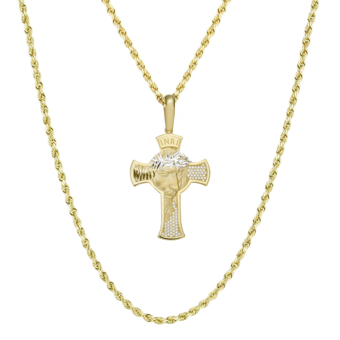 2" Face of Jesus CZ Cross Two Tone Pendant & Chain Necklace Set 10K Yellow White Gold