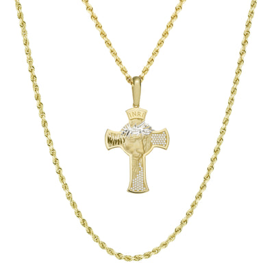 2" Face of Jesus CZ Cross Two Tone Pendant & Chain Necklace Set 10K Yellow White Gold