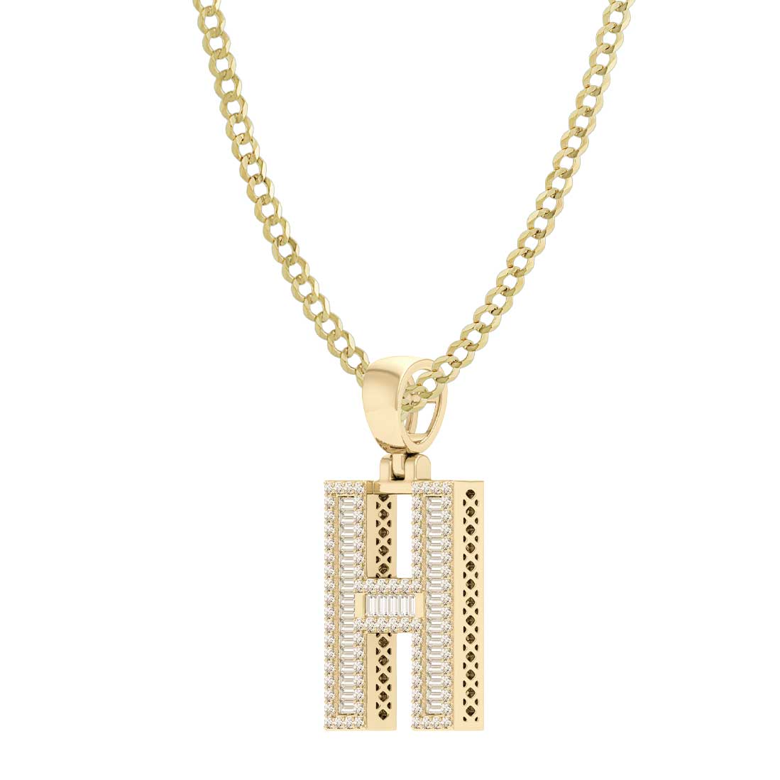Baguette & Round Cut Diamond "H" Initial Pendant Necklace 0.57ct 14K Gold