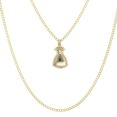 1" Money Bag CZ Pendant & Chain Necklace Set 10K Yellow Gold