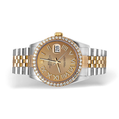 Rolex Datejust Diamond Bezel Watch 36mm Yellow Champagne Roman Dial | 2.15ct