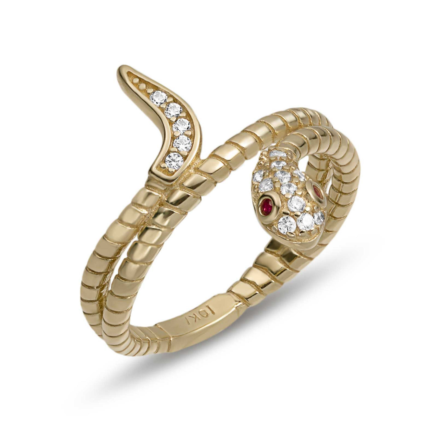 CZ Snake with Pink Eyes Ring 10K Yellow Gold