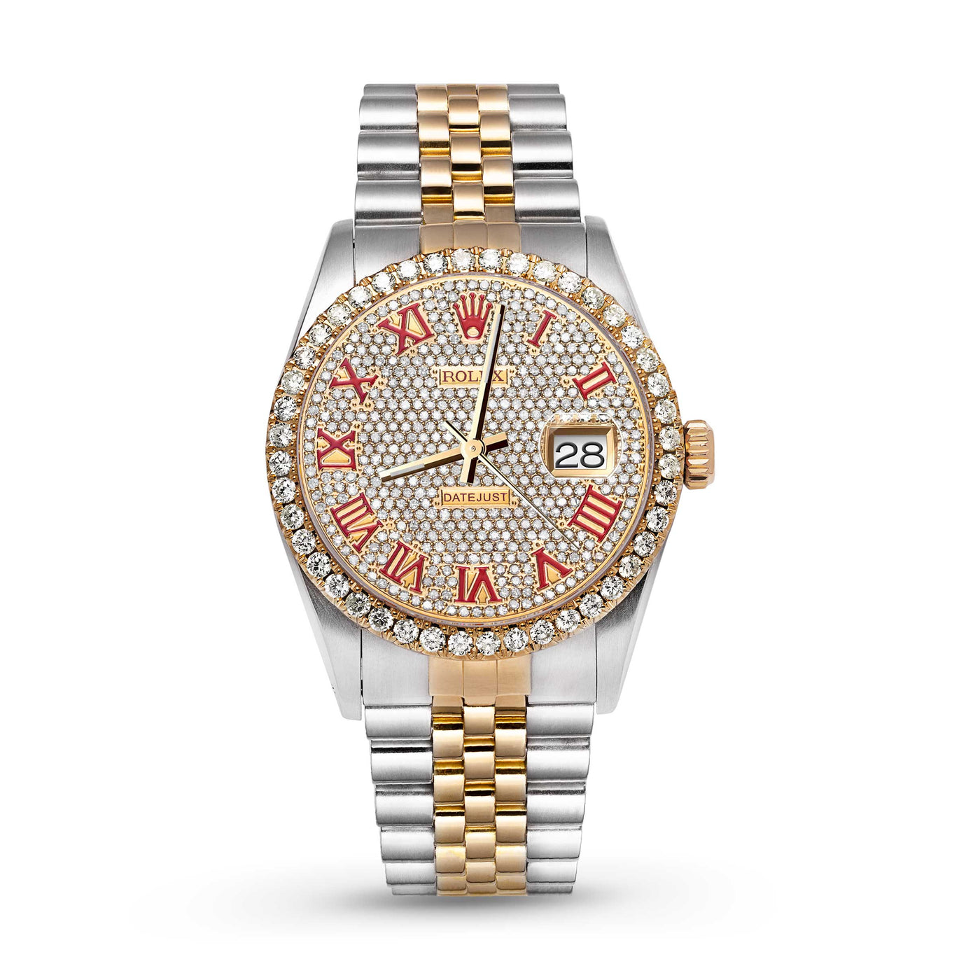 Rolex Datejust Diamond Bezel Watch 36mm Red Roman Dial | 3.65ct