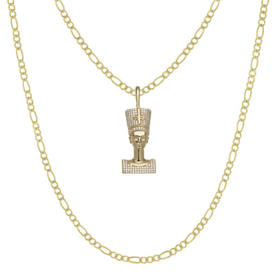 CZ Egyptian Queen Nefertiti Head Pendant & Chain Necklace Set 10K Yellow Gold