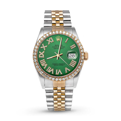 Rolex Datejust Diamond Bezel Watch 36mm Green Roman Dial | 2.15ct
