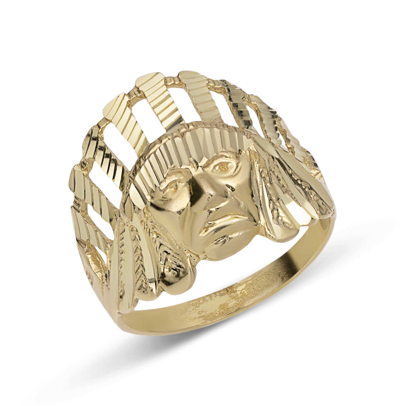 Mens Indian Chief Diamond Cut Ring Solid 10K Yellow Gold