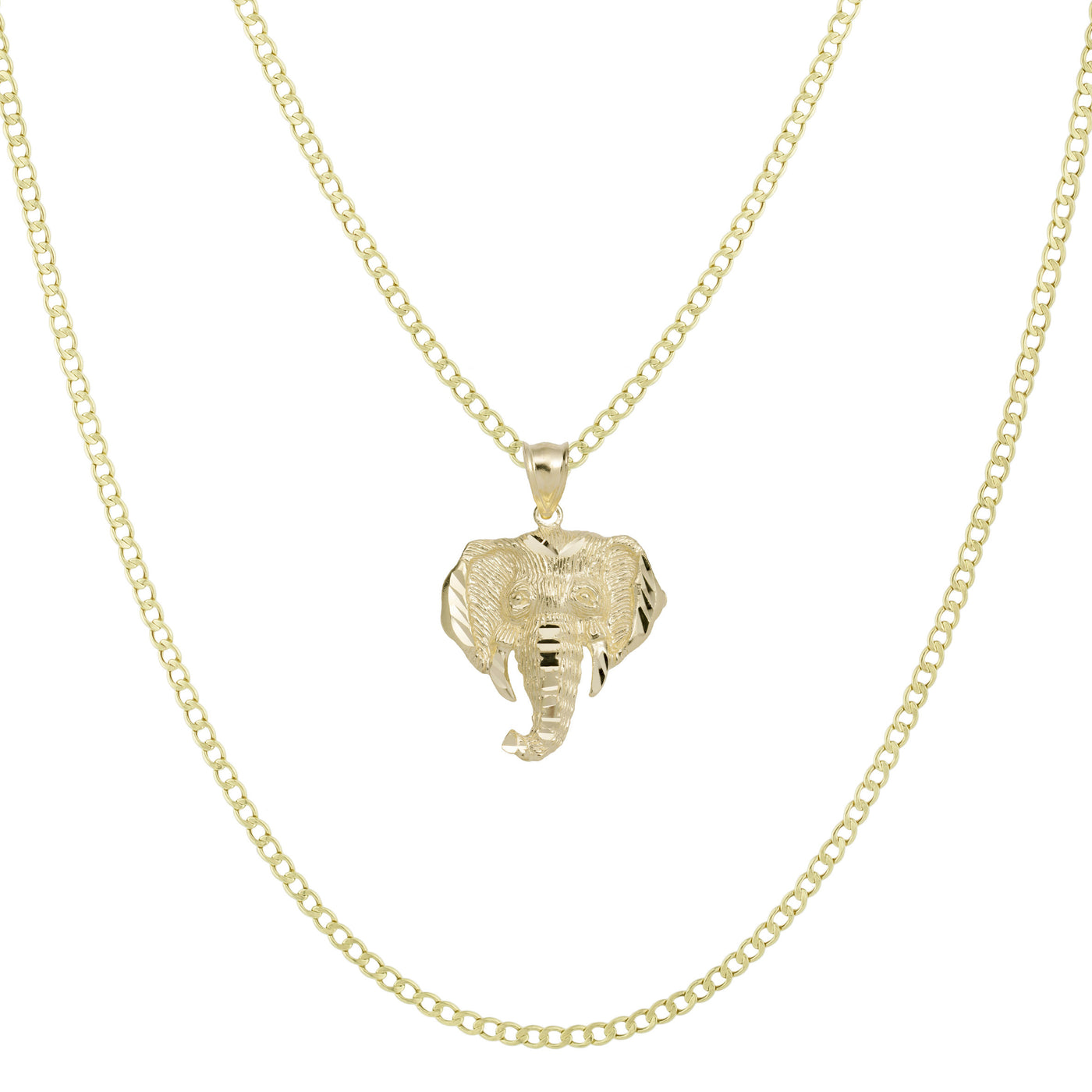 1 3/8" Diamond Cut Elephant Pendant & Chain Necklace Set 10K Yellow Gold