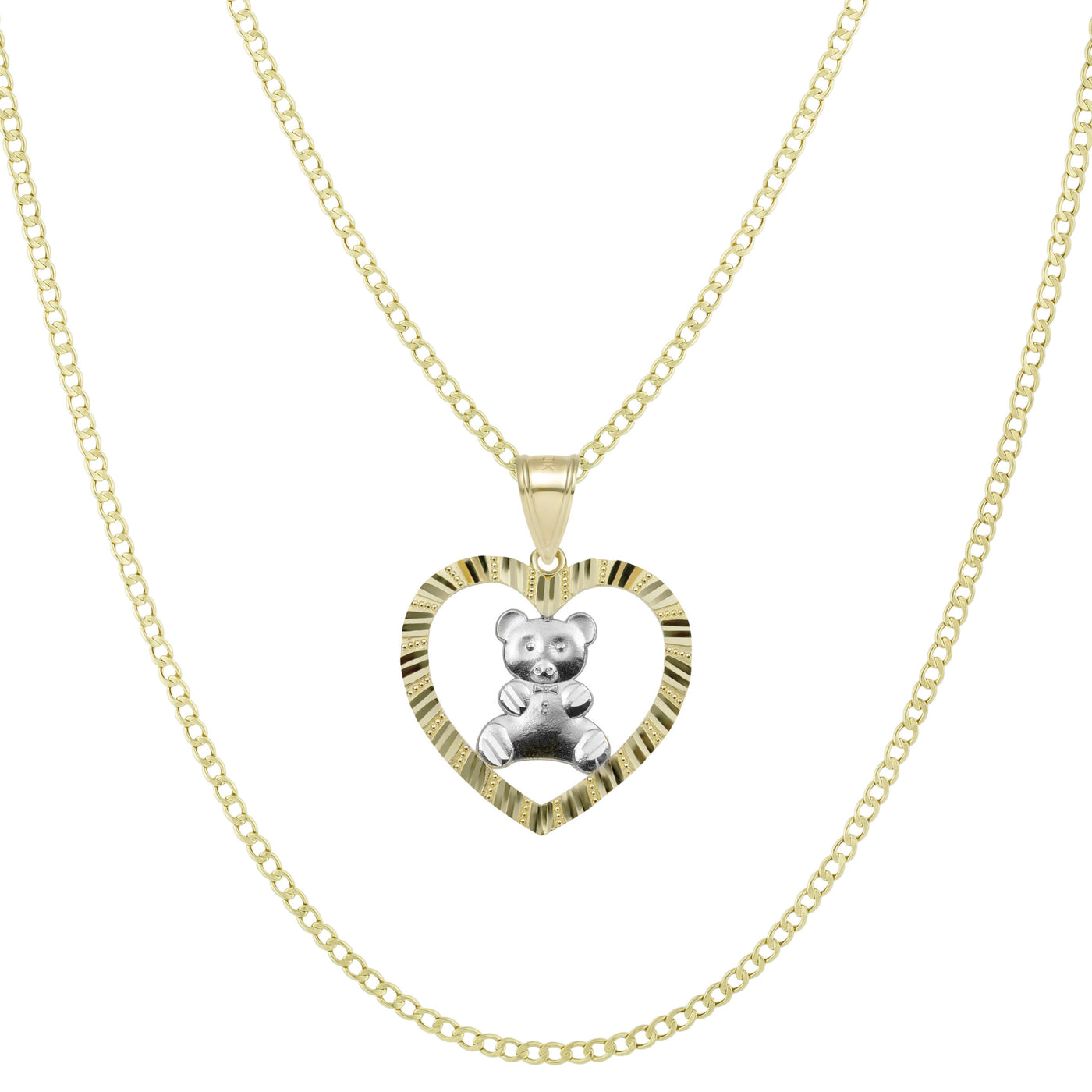 1 1/2" Teddy Bear in Heart Pendant & Chain Necklace Set 10K Yellow White Gold