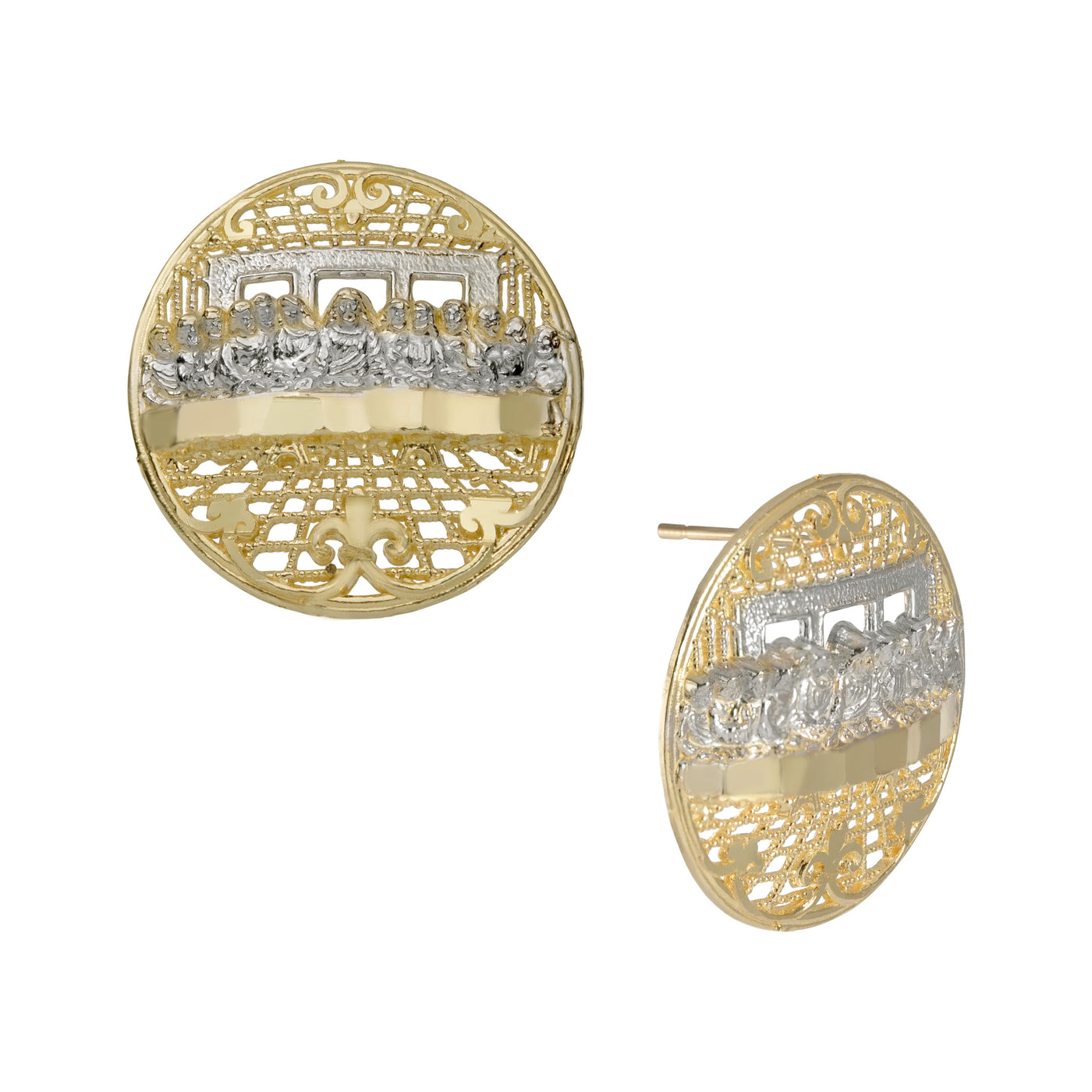 Women's Round Diamond Cut Last Supper Stud Earrings Solid 10K Yellow Gold