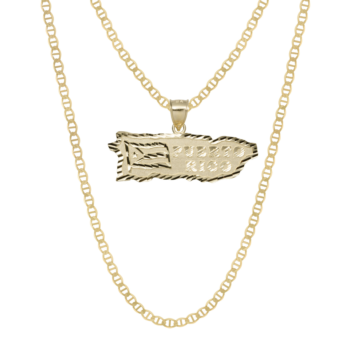 1 1/4" Puerto Rico Map & Flag Pendant & Chain Necklace Set 10K Yellow Gold
