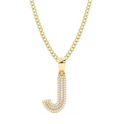 Baguette & Round Cut Diamond "J" Initial Pendant Necklace 0.37ct 14K Gold