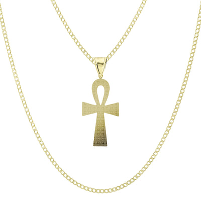 2" Diamond Cut Ankh Cross Pendant & Chain Necklace Set 14K Yellow Gold