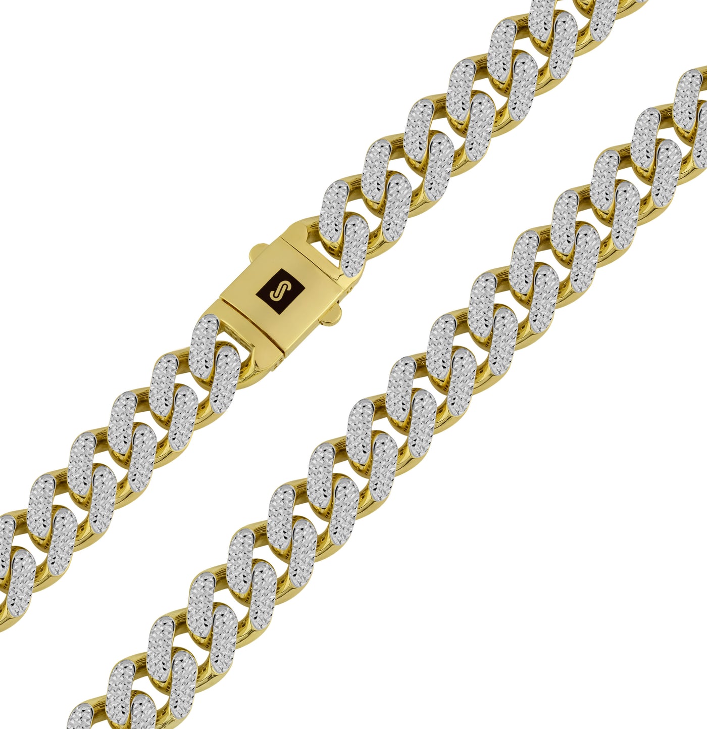Men's Monaco Chain Miami Cuban Link Chain Diamond Cut Reversible Necklace 10K Yellow White Gold - Hollow