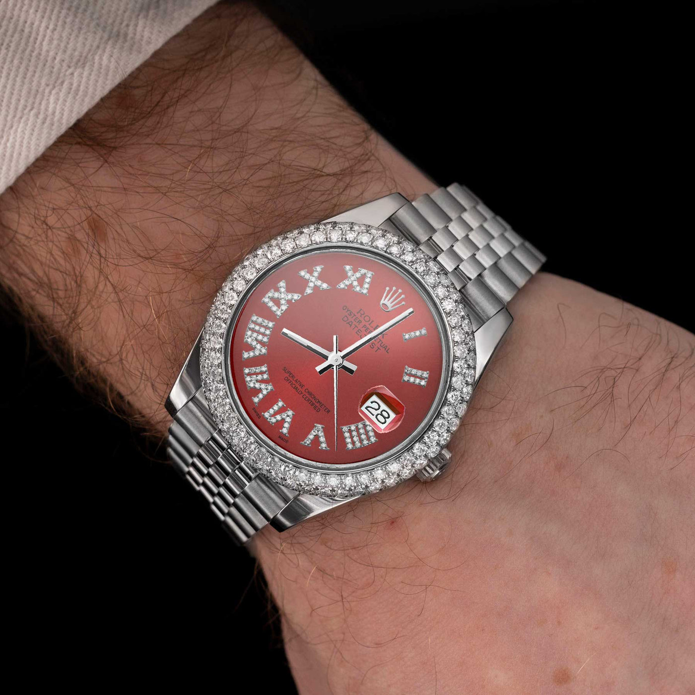 Rolex Datejust Diamond Bezel Watch 41mm Red Roman Dial | 5.25ct