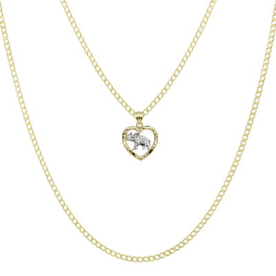 3/4" Elephant in Heart Pendant & Chain Necklace Set 10K Yellow White Gold