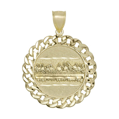 1 3/4" Curb Link Framed Last Supper Medallion Pendant 10K Yellow Gold