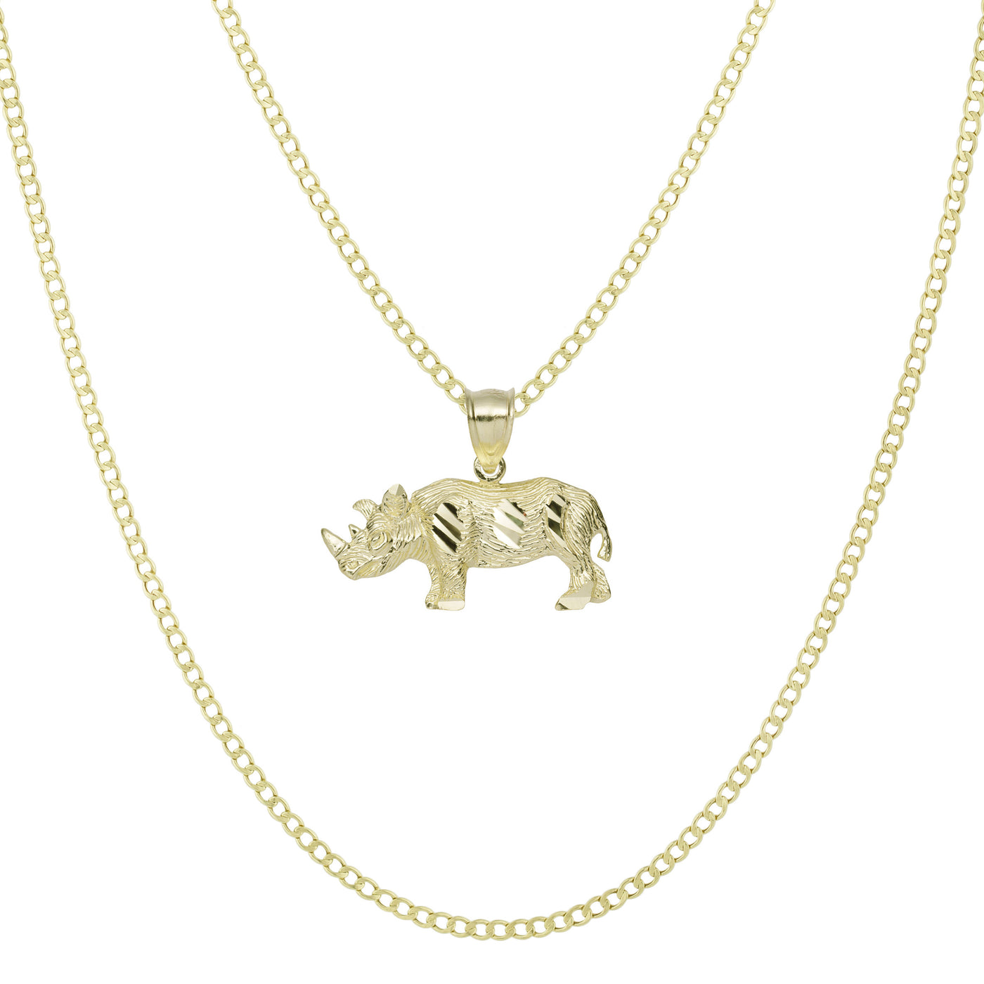 7/8" Diamond Cut Rhinoceros Pendant & Chain Necklace Set 10K Yellow Gold