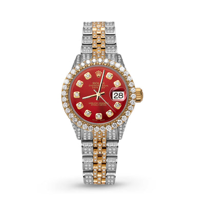 Women Rolex Datejust Diamond Bezel Watch 26mm Red Dial | 6.20ct